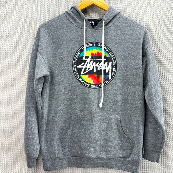 Vintage Stussy Hoodie Mens S Grey Logo Roots Reggae Surf Tie Dye Pullover Y2K - Picture 1 of 7
